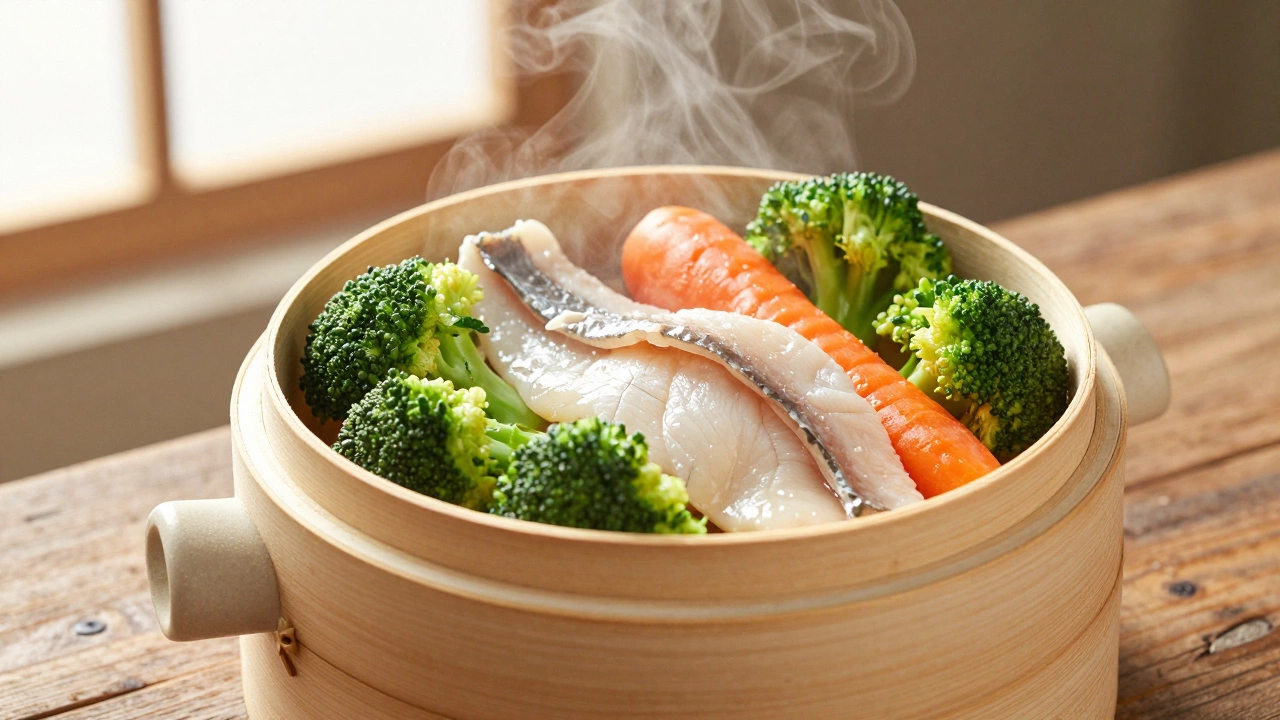 Bamboo steamer basket with fresh vegetables and fish rising steam