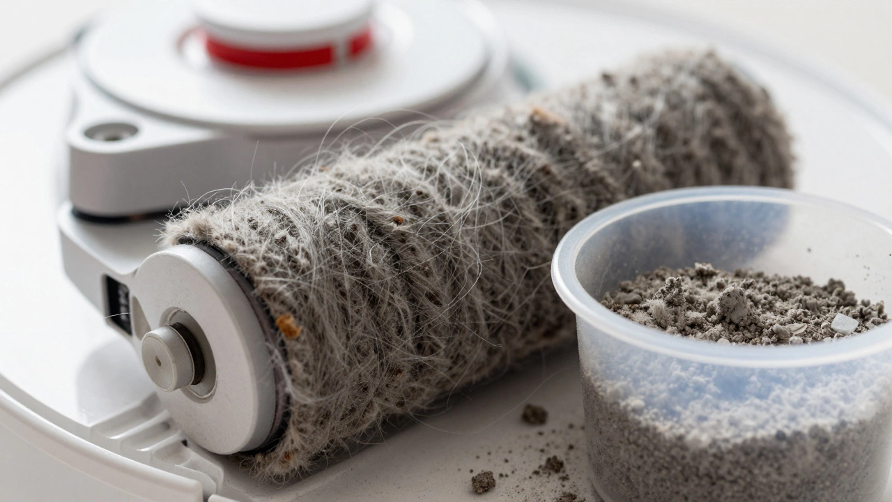 Close up of robot vacuum brush roll clogged with pet hair and full dustbin