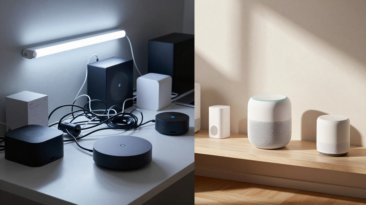 Comparison of chaotic legacy hubs versus minimalist unified smart home setup