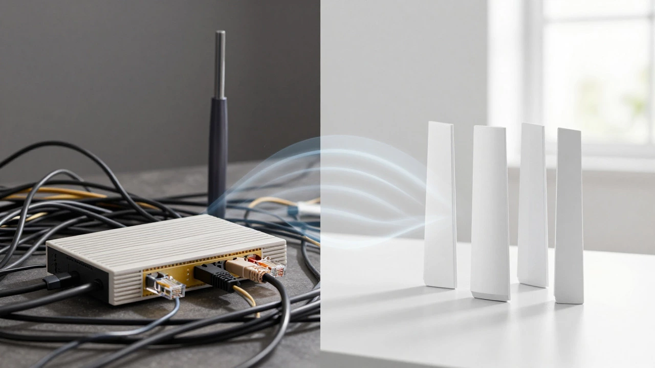 Comparison of tangled old cables versus a clean modern mesh Wi-Fi system