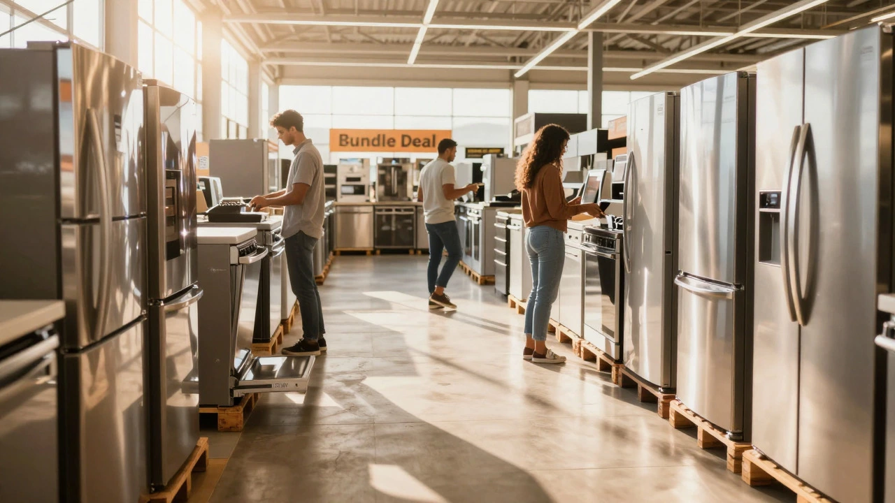Customers browsing bundled kitchen appliances in a sunlit showroom