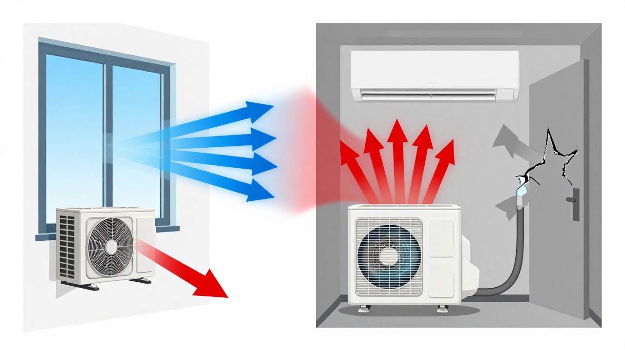 Diagram comparing efficient window AC vs inefficient portable AC airflow