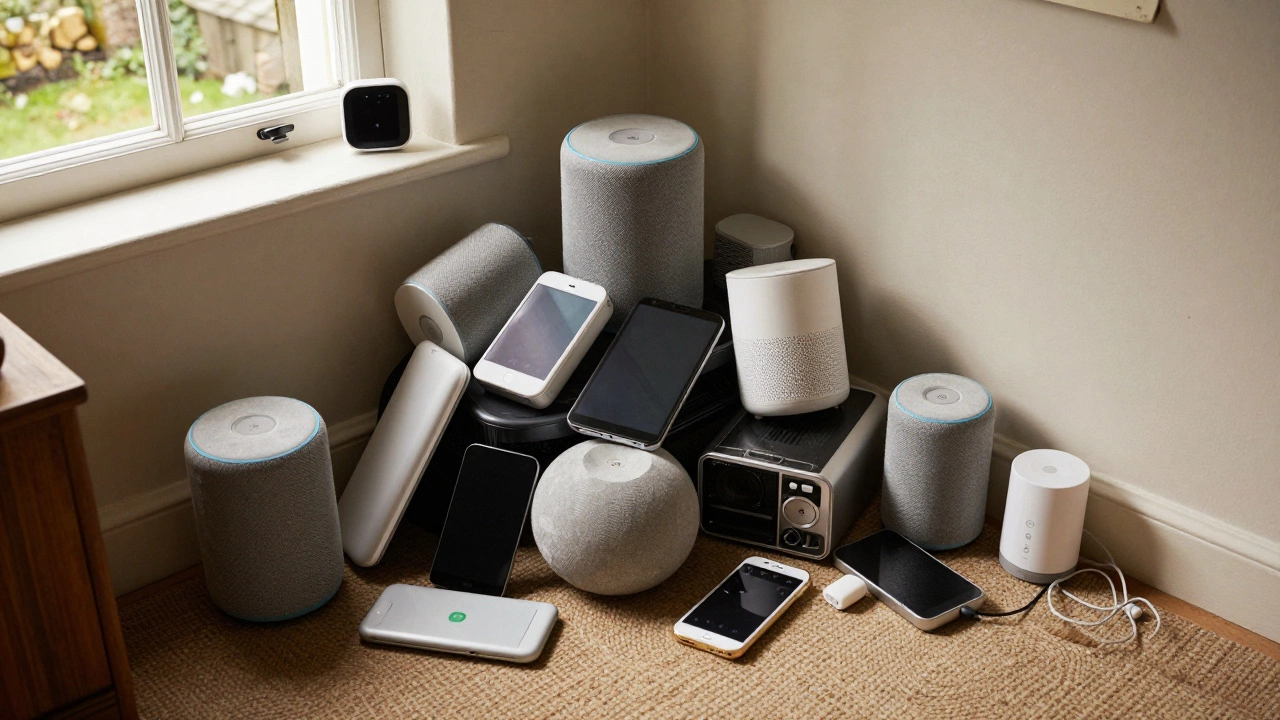 Discarded obsolete smart gadgets piling up in a cozy living room corner.