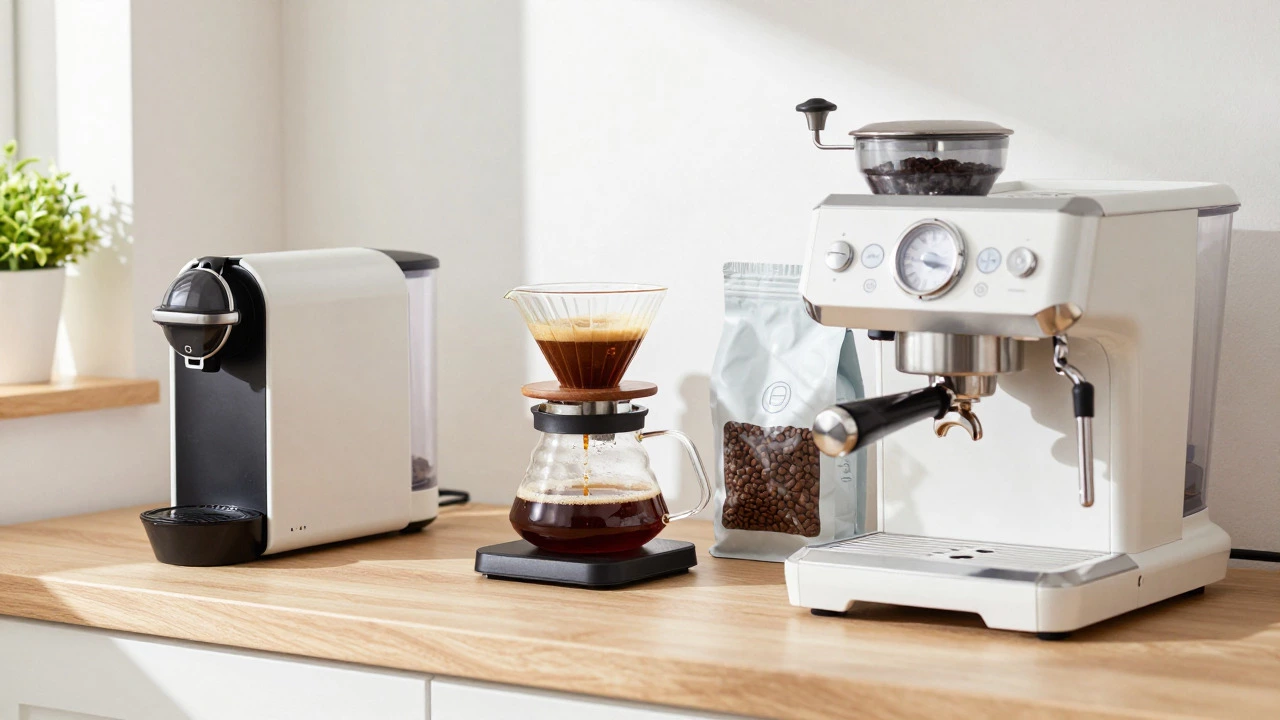 Home kitchen counter with various coffee makers and beans