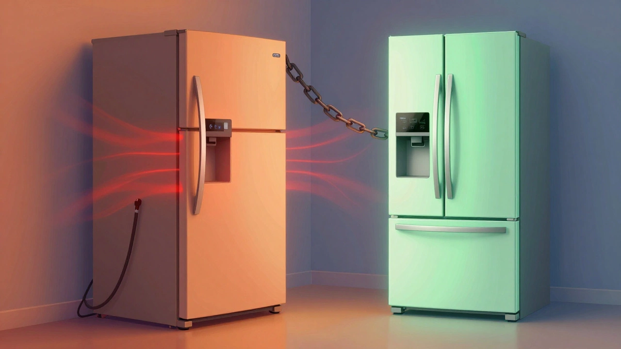 Illustration comparing inefficient large fridge vs efficient small model.