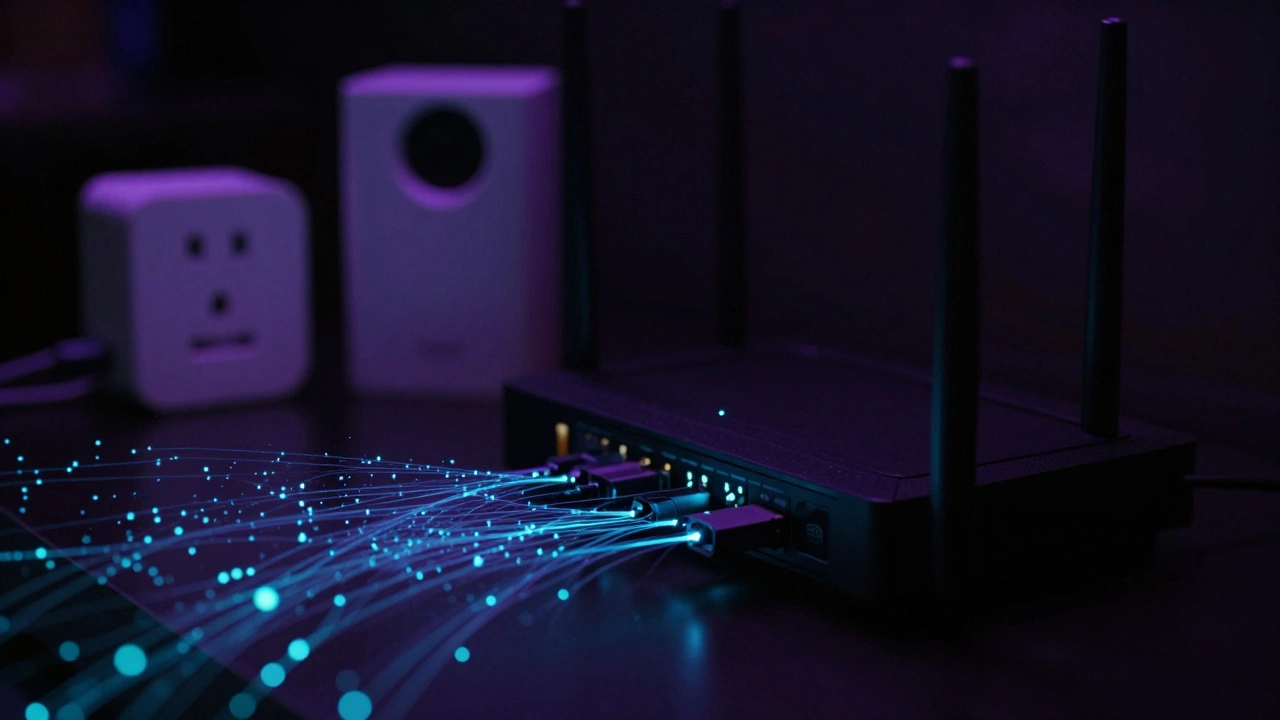 Ominous close-up of IoT devices with glowing data streams suggesting security risks.