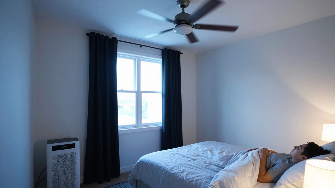 Peaceful sleeper in cool, darkened bedroom with blackout curtains drawn