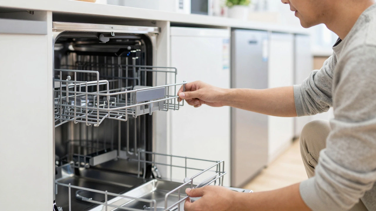 Person testing dishwasher rack quality in store