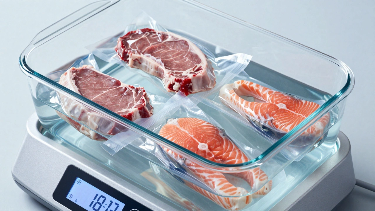 Sous vide machine cooking meat in a temperature-controlled water bath