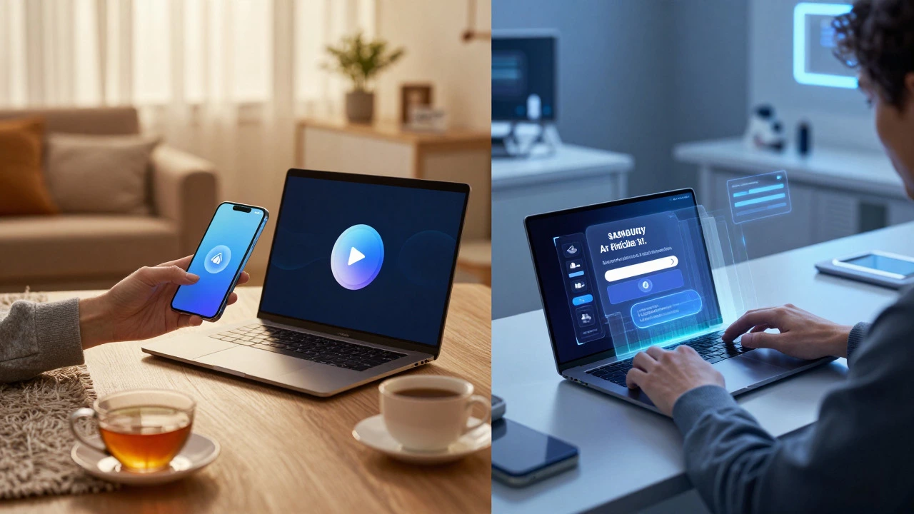Split view comparing iPhone ecosystem ease vs Samsung customization