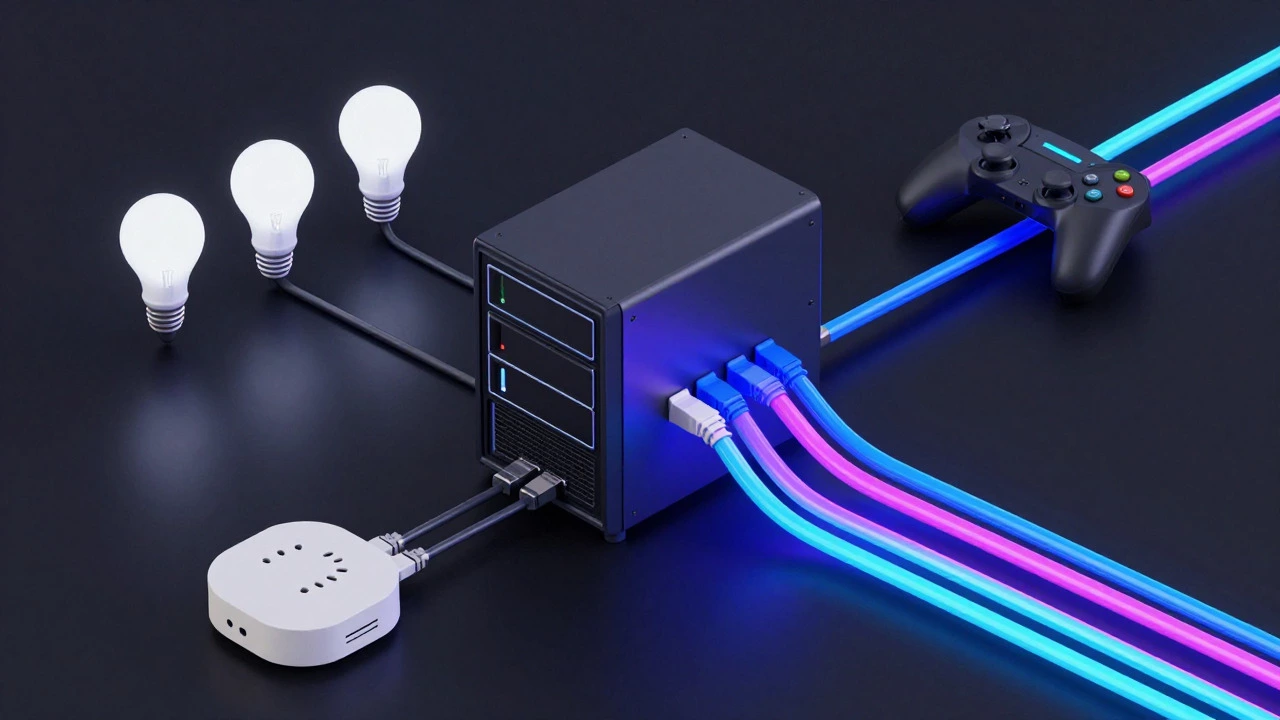 Visual metaphor showing idle vs high-bandwidth devices straining a network