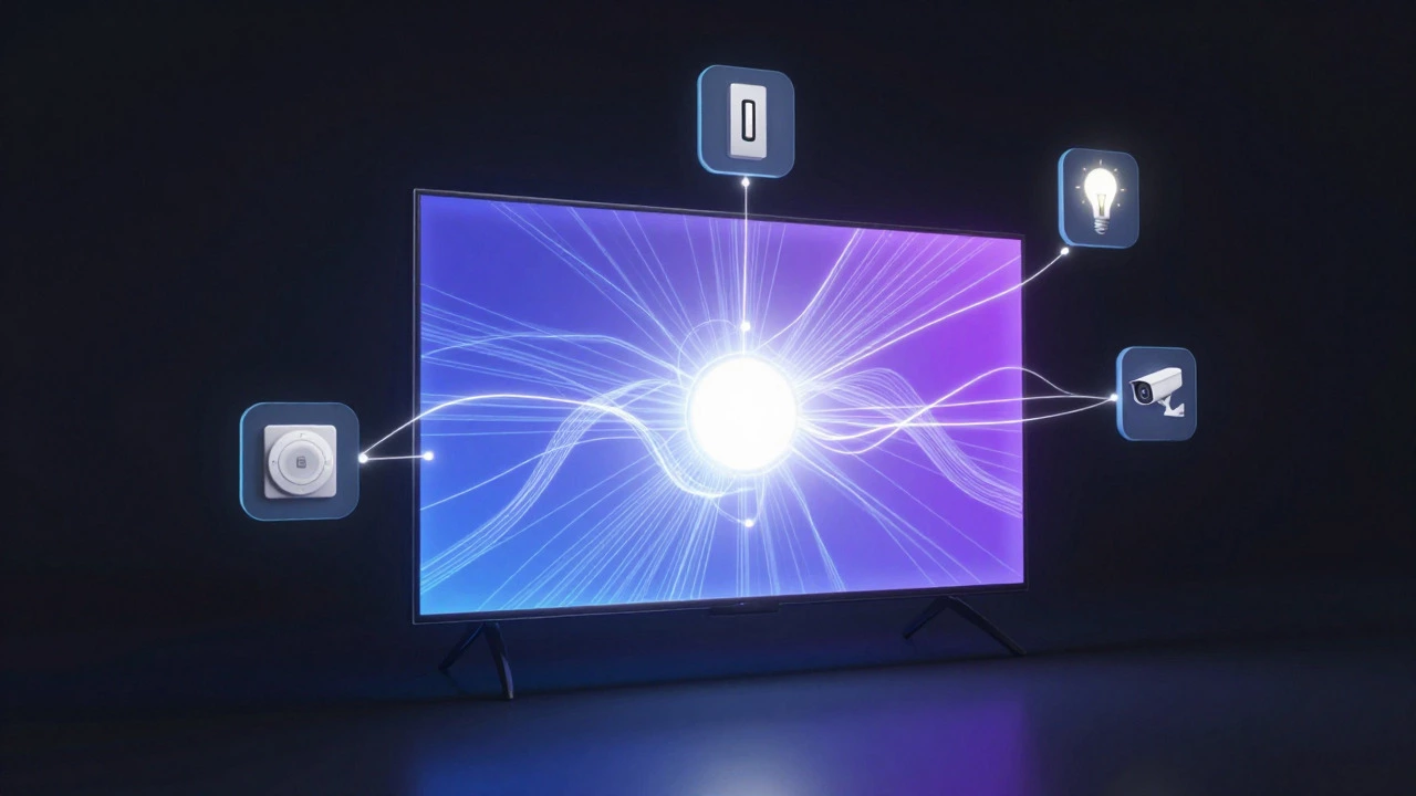 Abstract illustration of a central screen connected to various smart home device icons