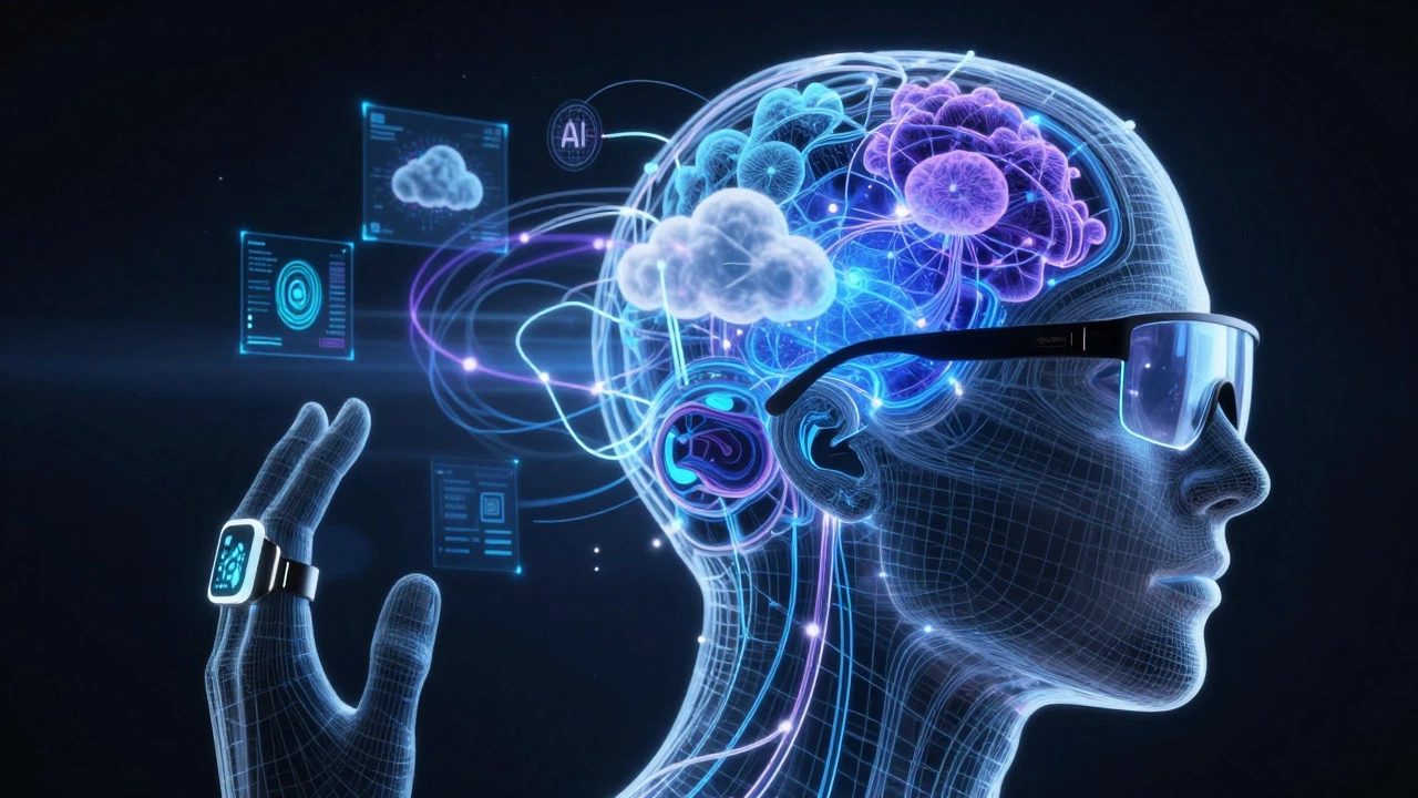 Abstract illustration of brain connected to wearable tech and AI