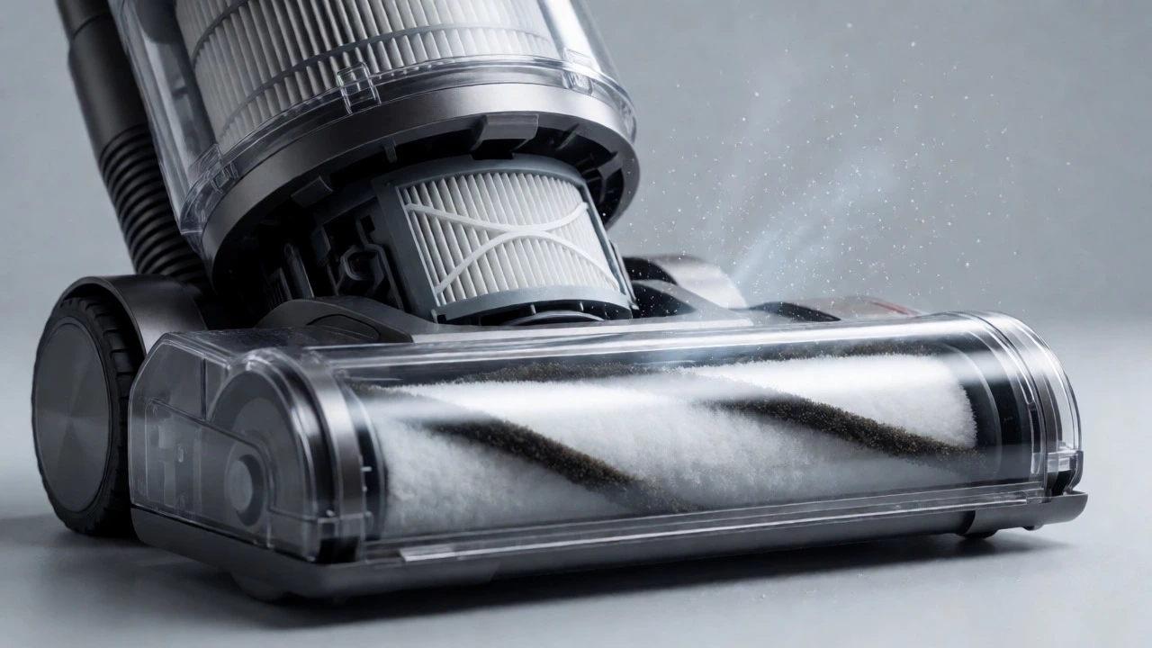 Close-up of a clean vacuum filter and brush roll assembly.