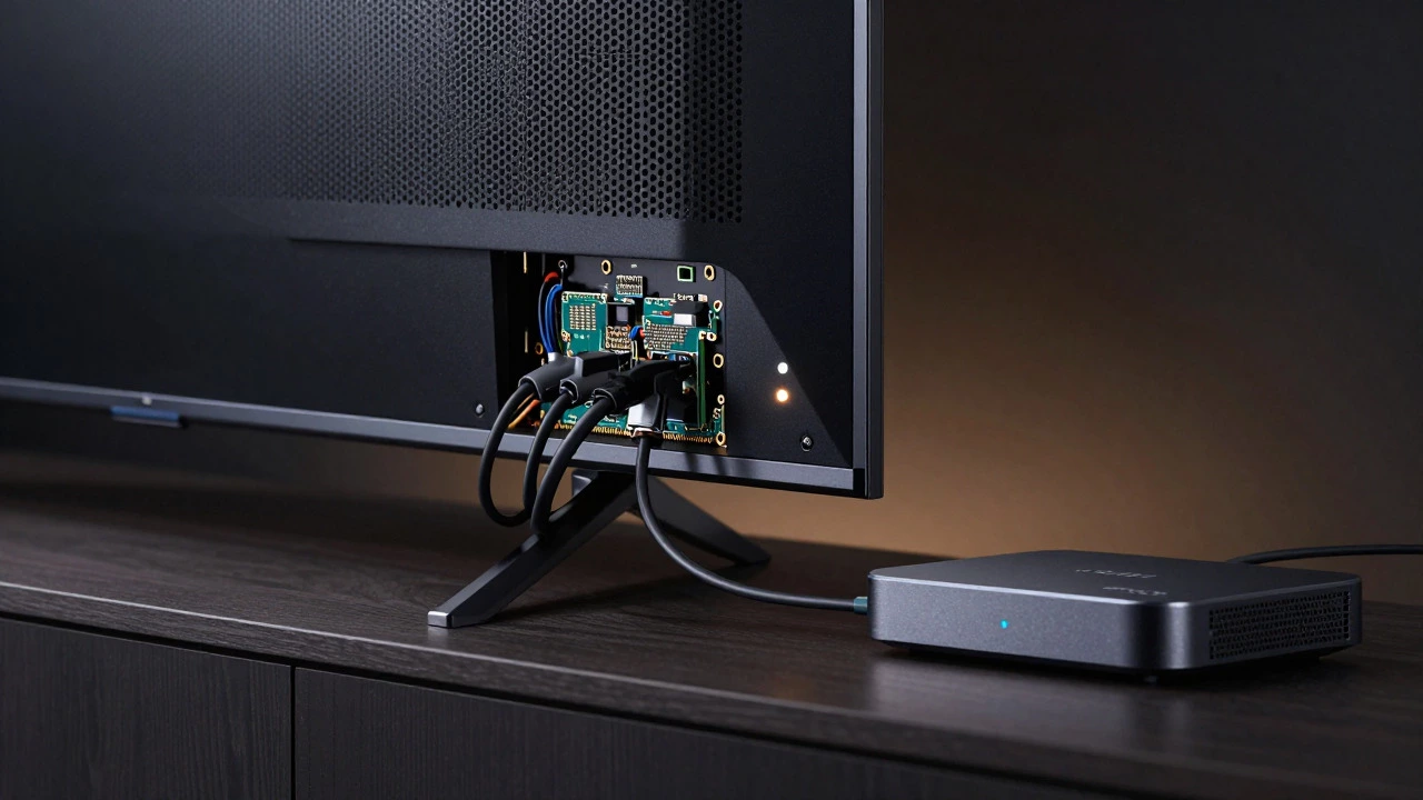 Close-up of smart TV back panel and a small smart home hub device on a shelf