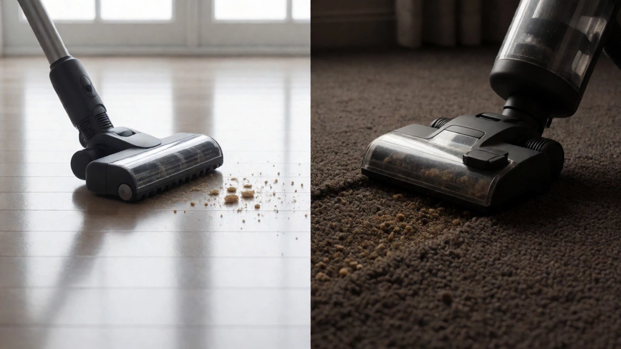 Comparison of vacuum use on hardwood floors versus deep pile carpet.