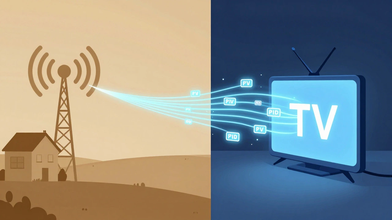 Conceptual art comparing analog radio waves from a tower to digital data streams