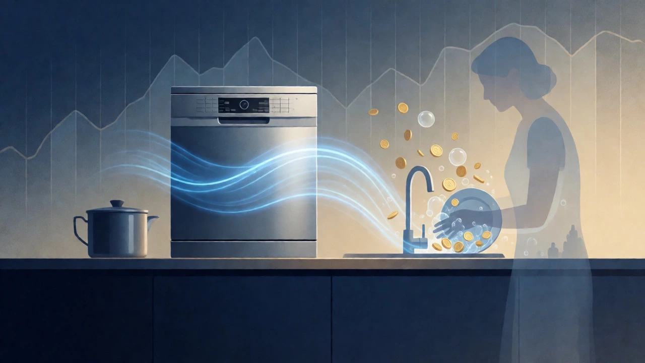Conceptual art showing energy flow in dishwasher vs wasted time in hand washing