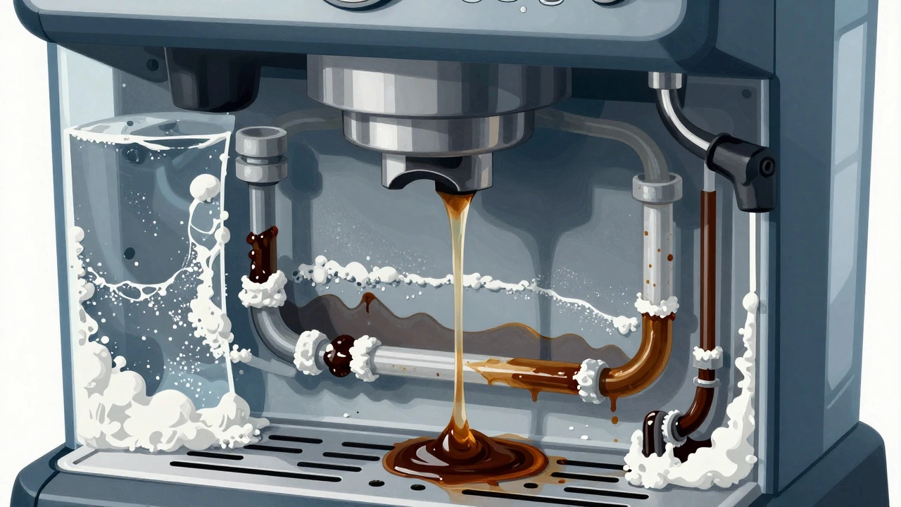 Cross-section showing limescale buildup inside a coffee machine