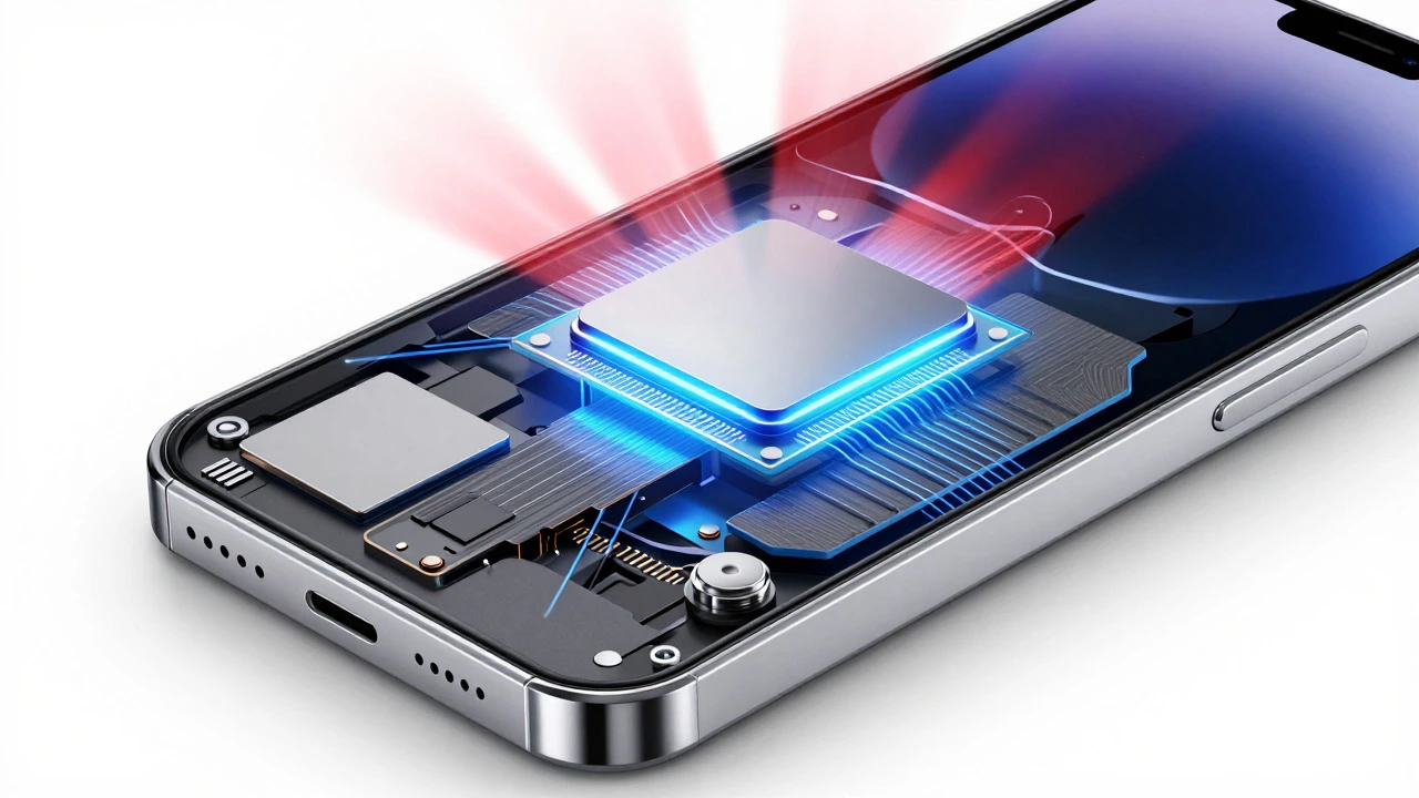 Cutaway view showing vapor chambers and graphite cooling a smartphone chip