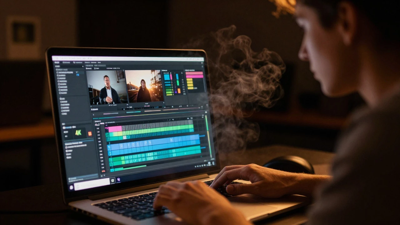 Editor using a powerful laptop with glowing screen and heat effects