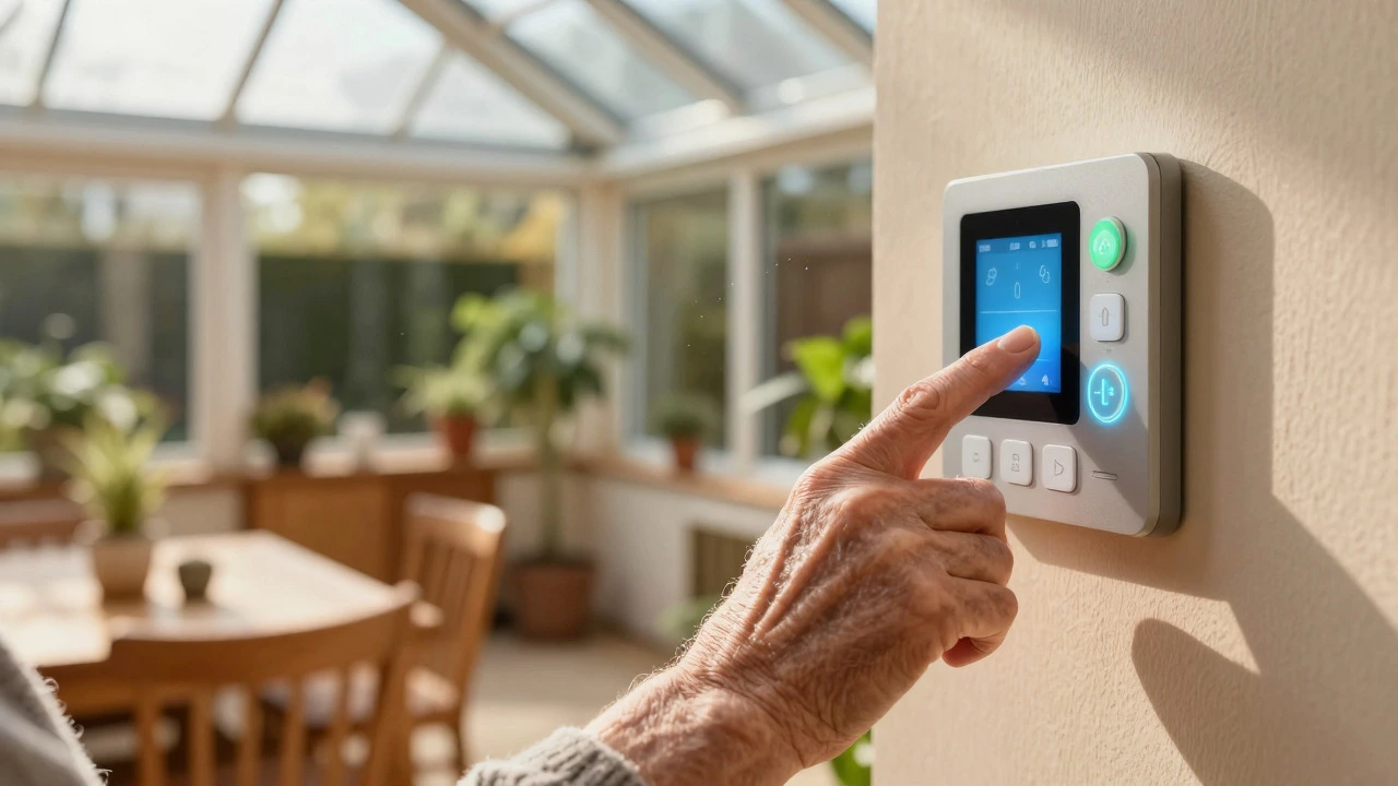 Elderly person using a simple wall-mounted smart home control panel in a conservatory