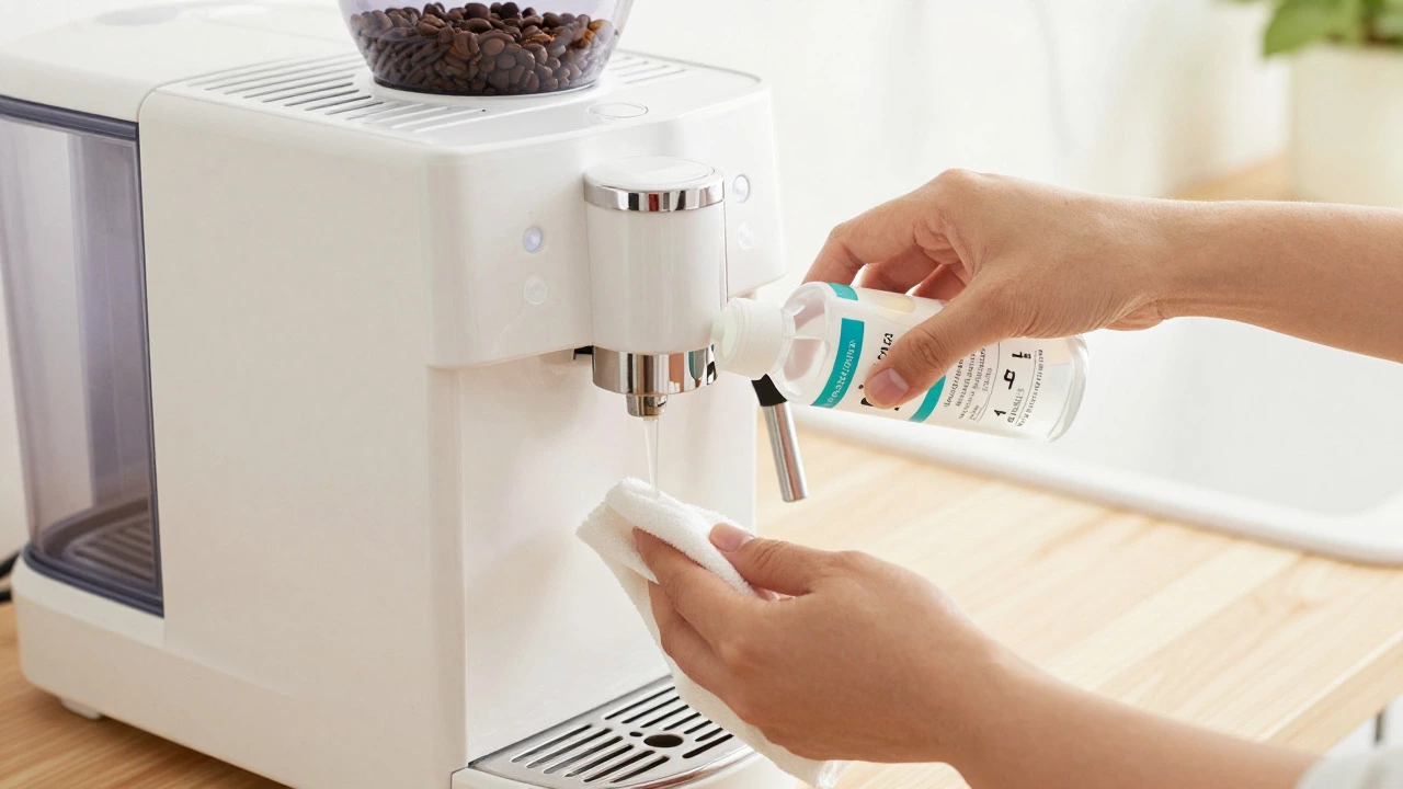 Hands descaling and wiping a bean-to-cup coffee machine