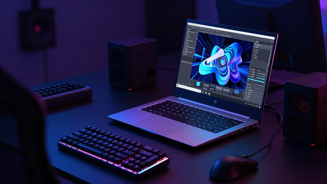 High-performance laptop setup with blue lighting, indicating heavy multitasking and power