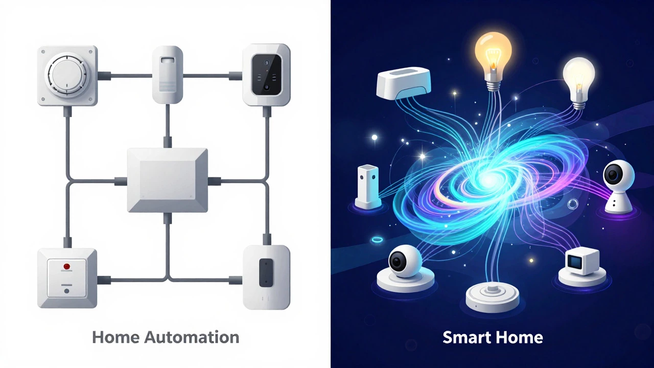 Illustration contrasting rigid automation systems with fluid smart home networks
