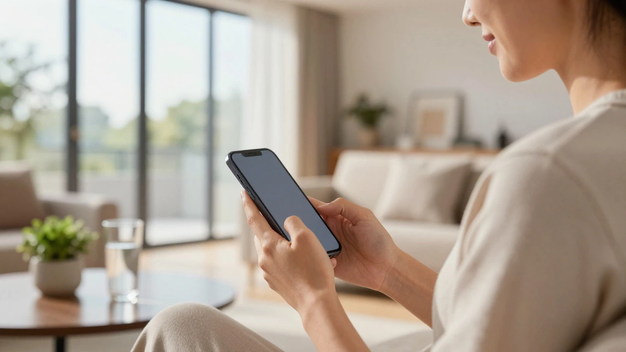 Person comfortably using a smartphone in a bright, modern living room