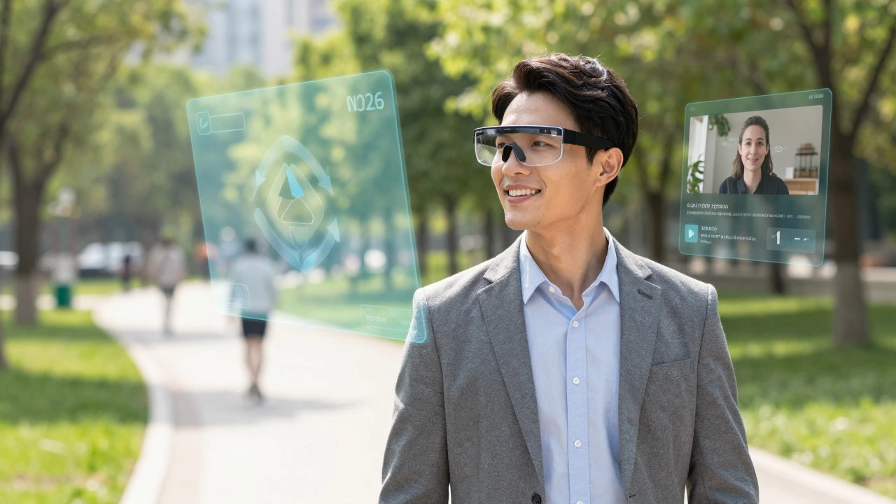 Person wearing AR glasses seeing holographic info while walking outside