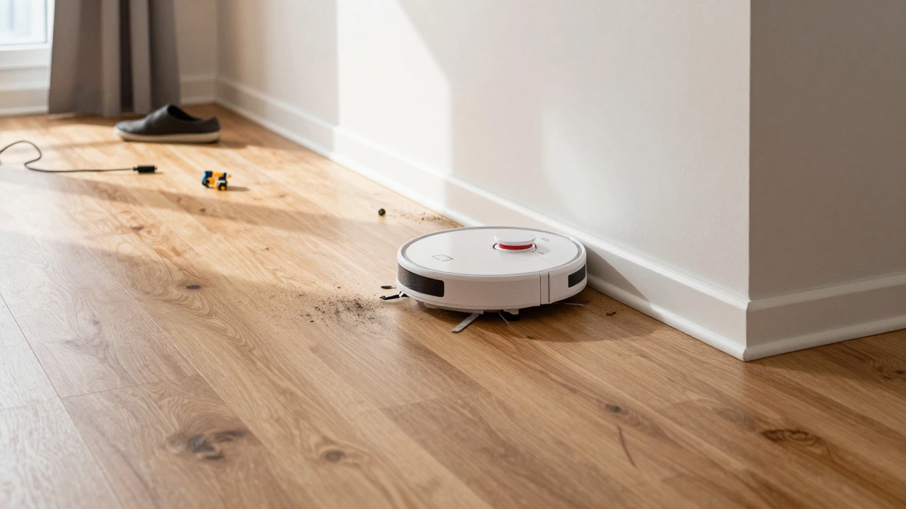 Robot vacuum missing dust along baseboards in a cluttered room