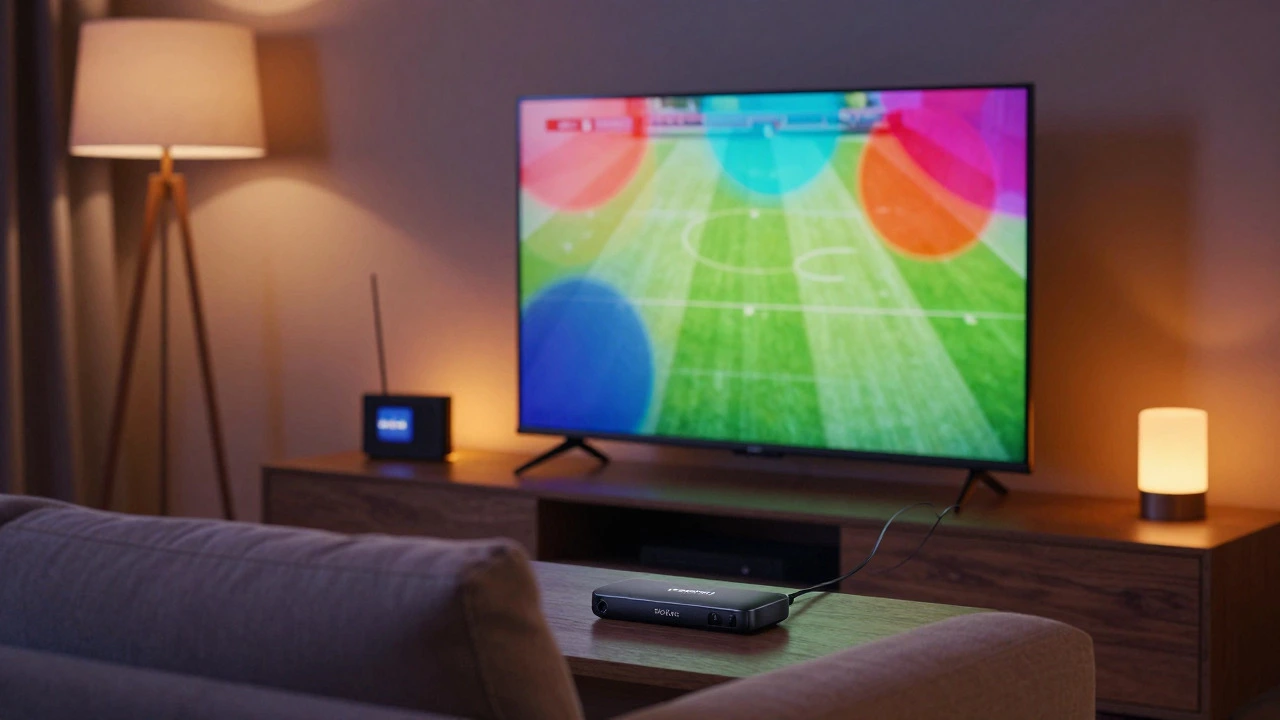 Roku streaming stick plugged into a TV displaying sports next to a digital antenna