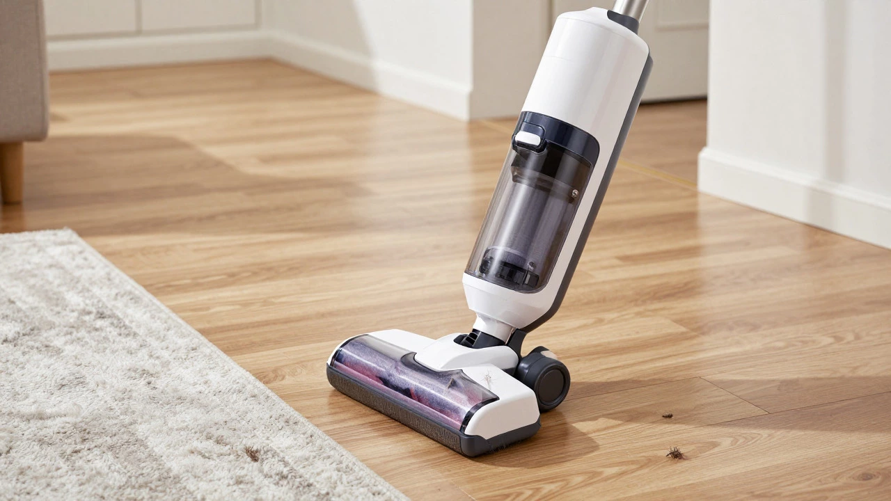 Shark Rotator upright vacuum on hardwood floor showing dual brushroll technology