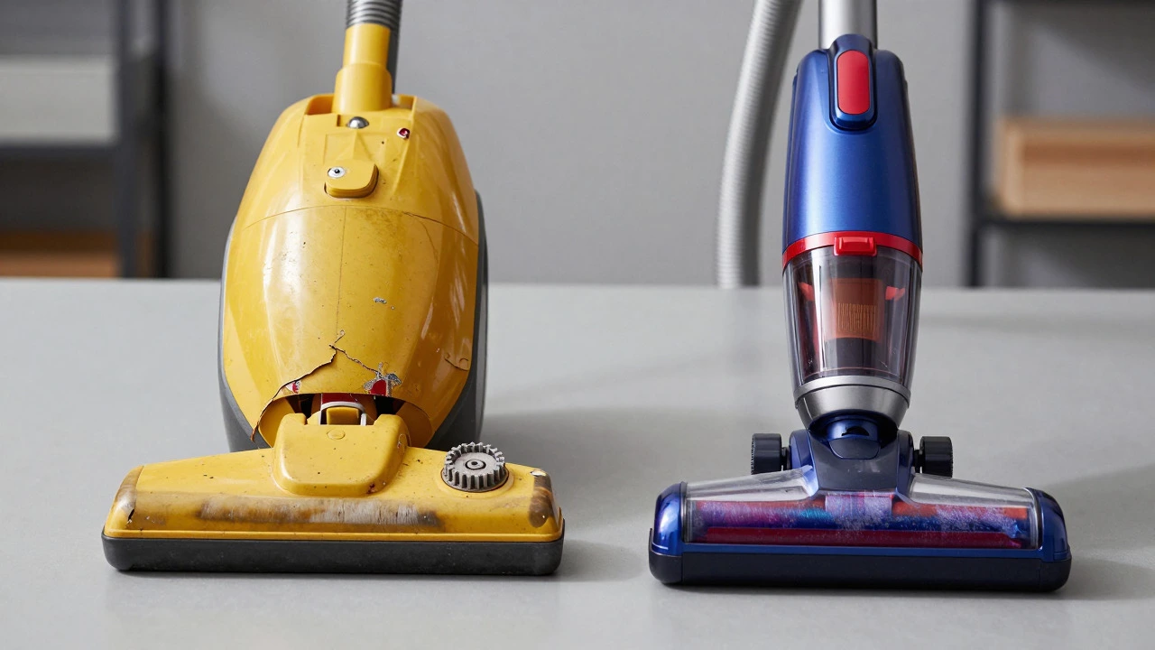 Side-by-side comparison of an old broken vacuum and a new modern one