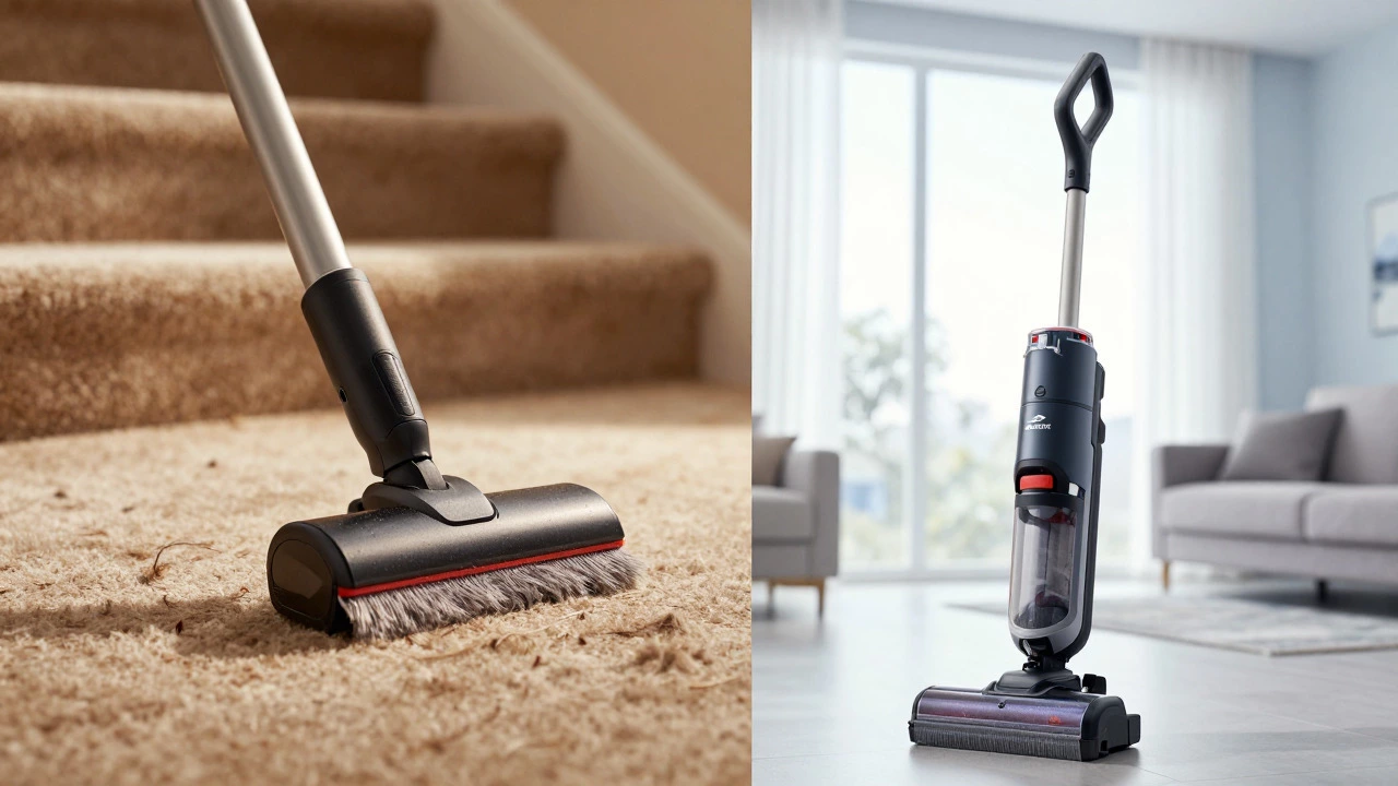 Split view comparing Bissell handheld spot cleaning and Shark upright whole-home cleaning