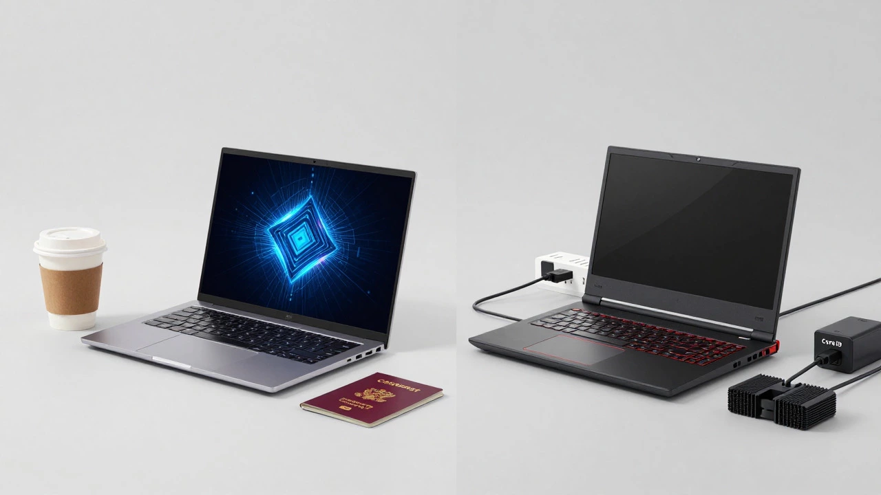 Split view comparing portable ultrabook vs plugged-in high-performance laptop