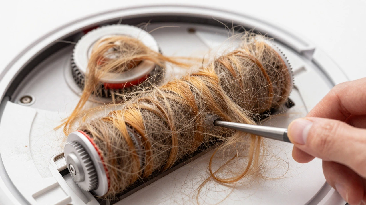 Tangled dog hair wrapped around a robot vacuum roller brush