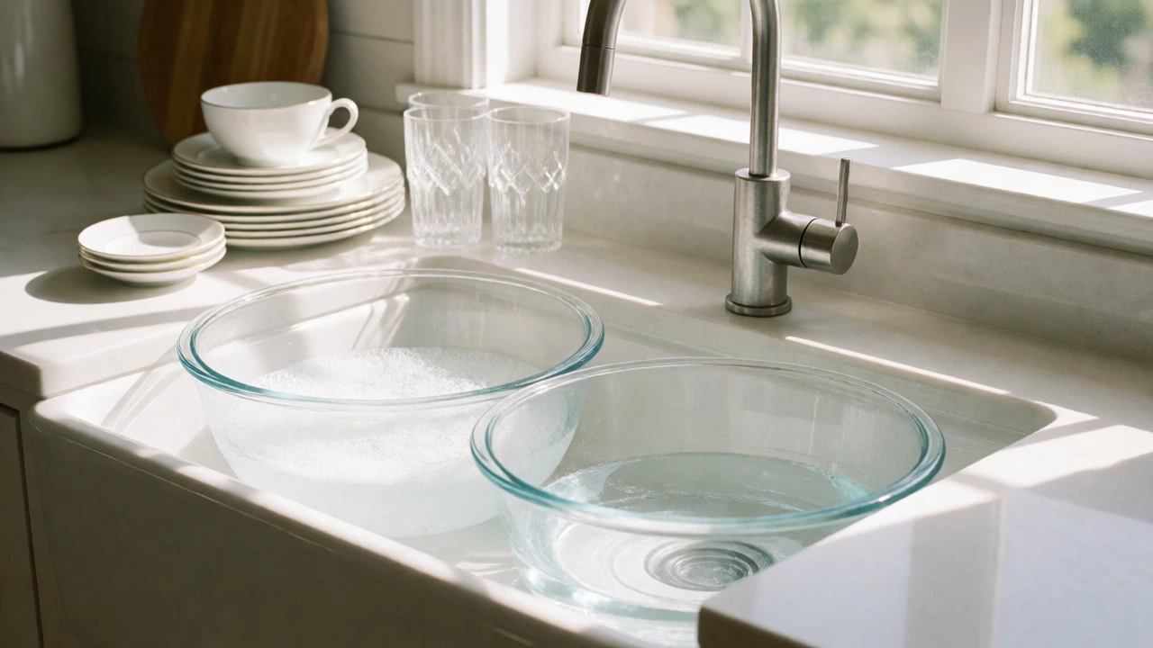 Two-basin hand washing setup with delicate china in a sunlit kitchen