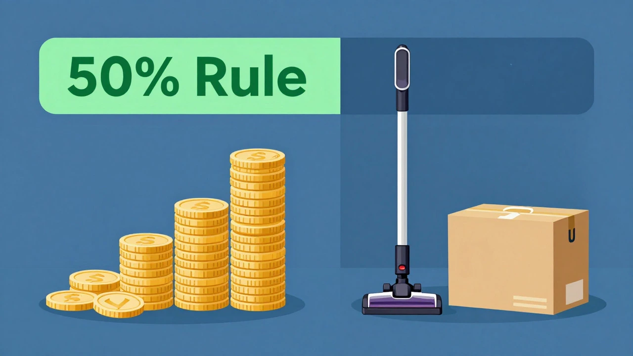 Visual metaphor of repair costs versus new vacuum price using coins and boxes