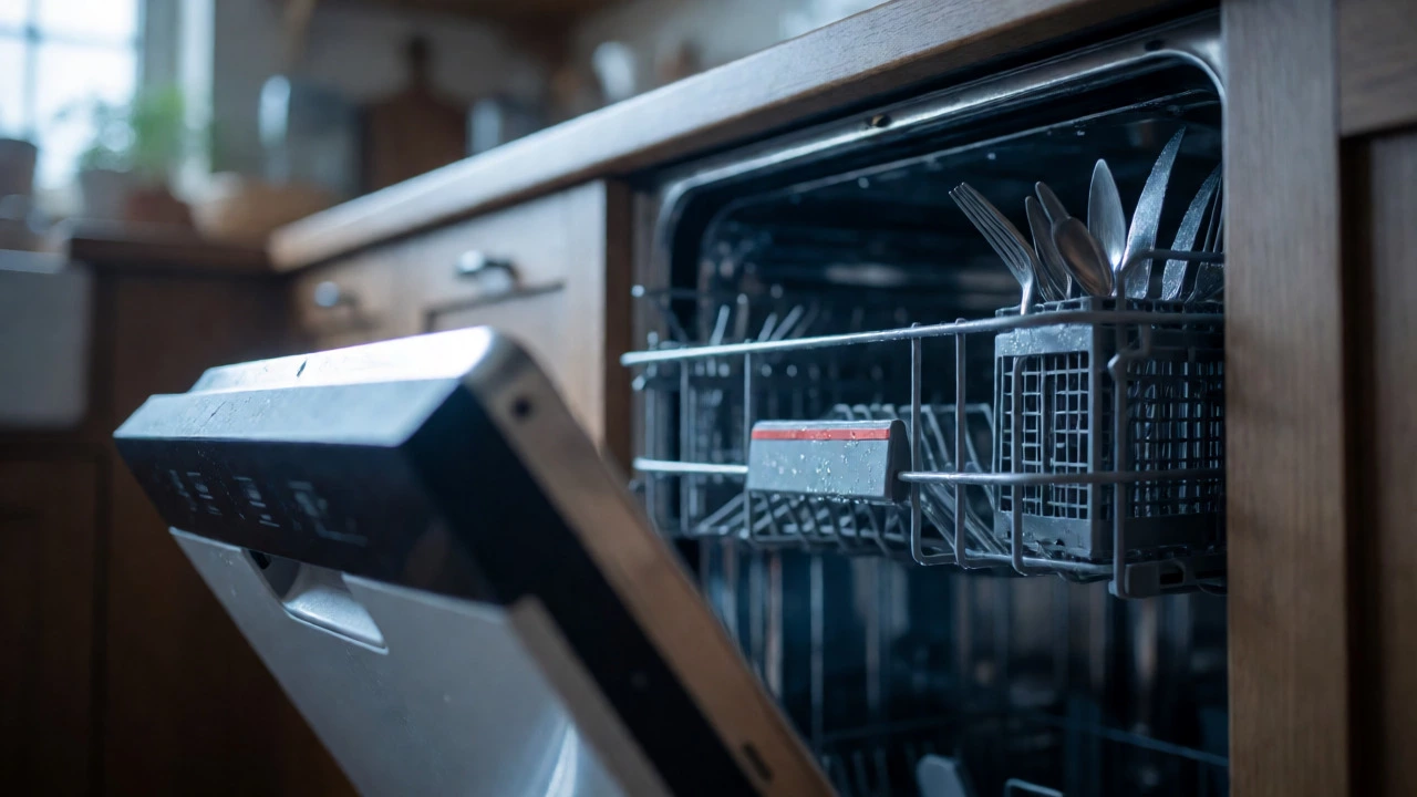 Close-up of a stainless steel dishwasher interior with a third rack and water droplets.
