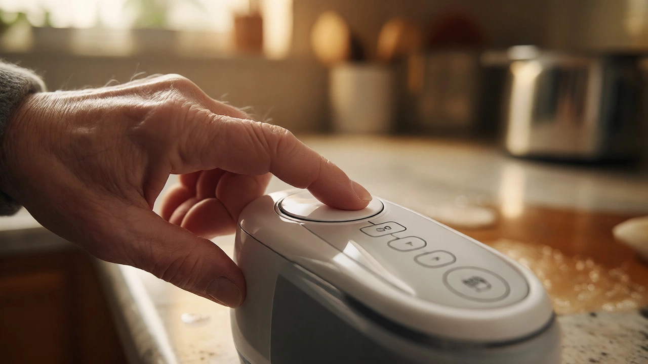 Close-up of an elderly hand using a simple handheld vacuum to clean a kitchen spill.
