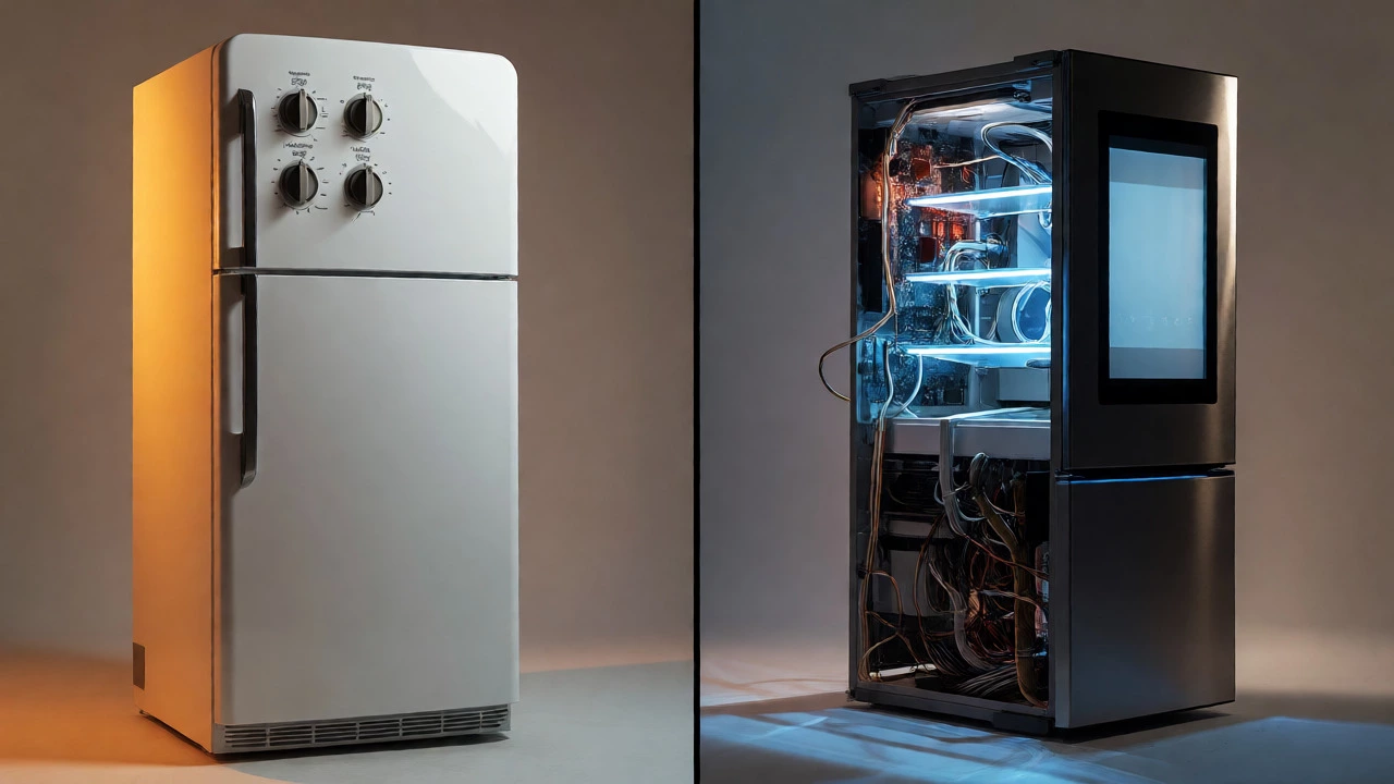 Comparison of simple white fridge and complex smart fridge with exposed electronics
