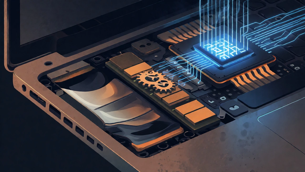 Conceptual view of laptop internals showing battery and RAM degradation