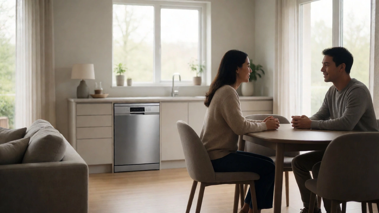Couple conversing peacefully in an open-plan kitchen with a silent dishwasher running.