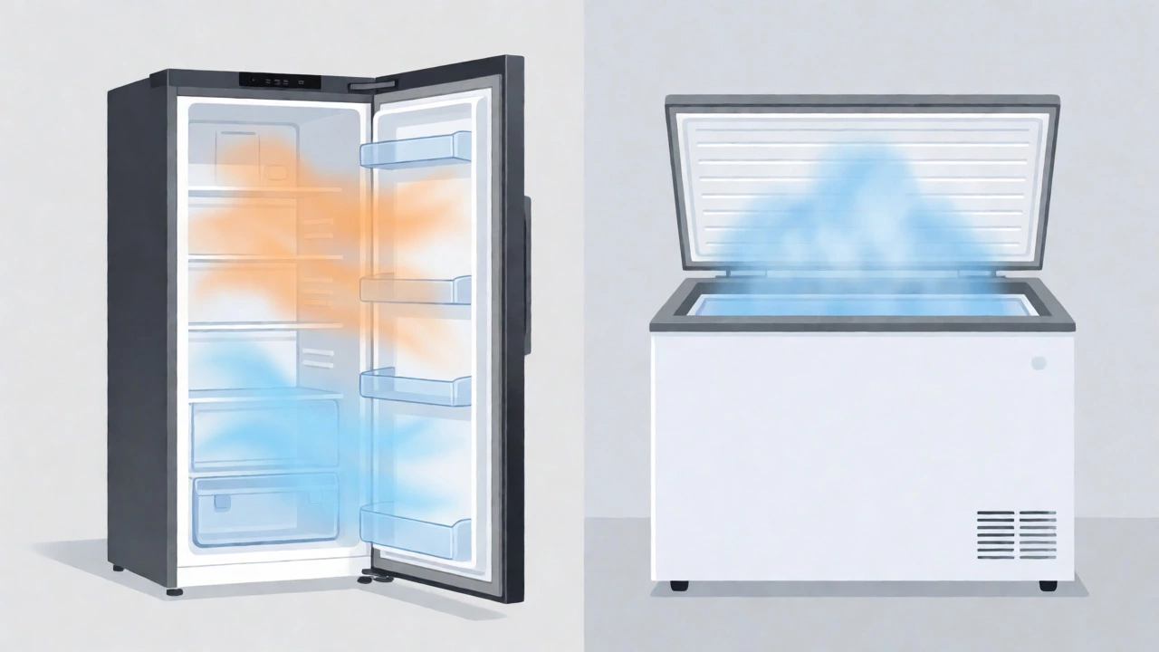 Diagram comparing air retention in upright versus chest freezers