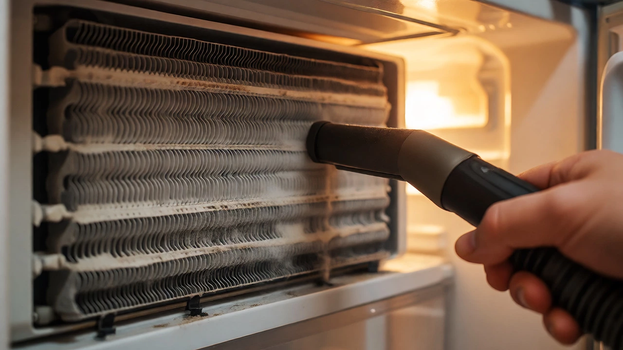 Hand vacuuming dust from refrigerator condenser coils for maintenance