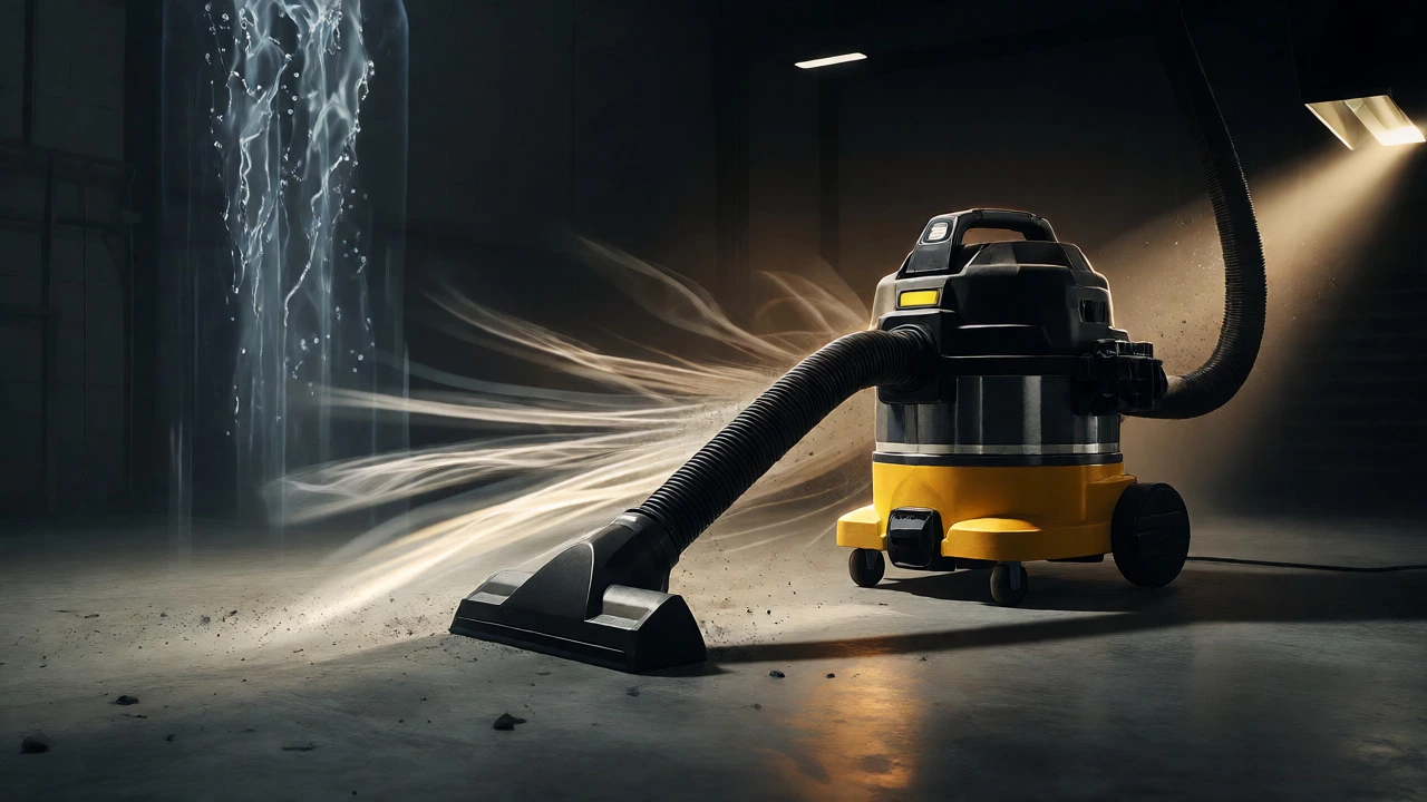 Industrial shop-vac sucking up debris in a garage setting