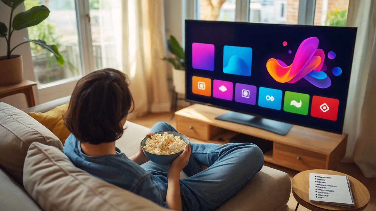 Person watching a TV with colorful media icons on a bright day.