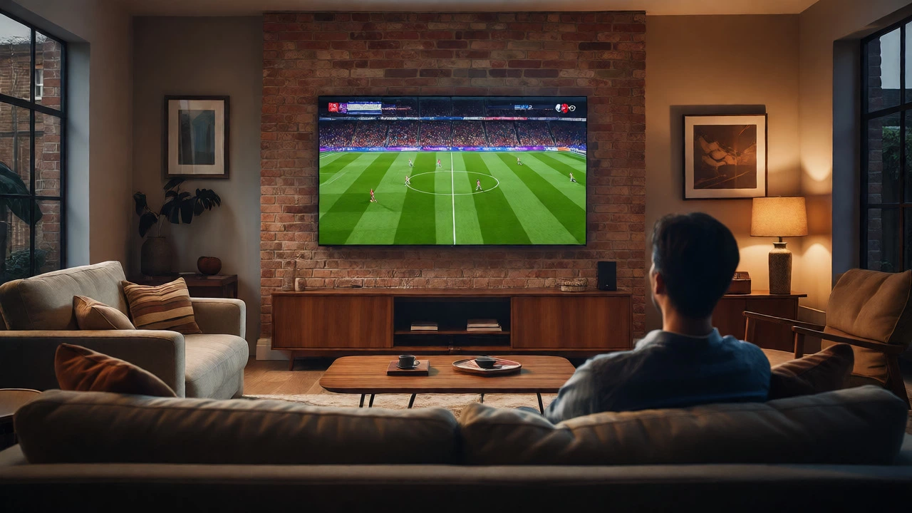 Person watching sharp sports broadcast on large 4K TV
